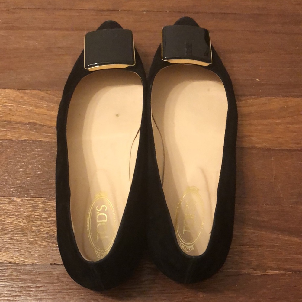 Tod's Black Suede Ballet Flats Square Buckle Designer Shoes Size 36.5 - Picture 3 of 6